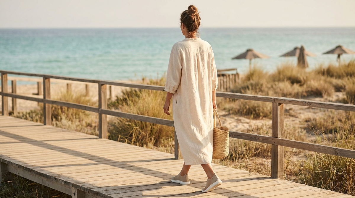 Woman walking comfortably in Fenentra shoes by the sea